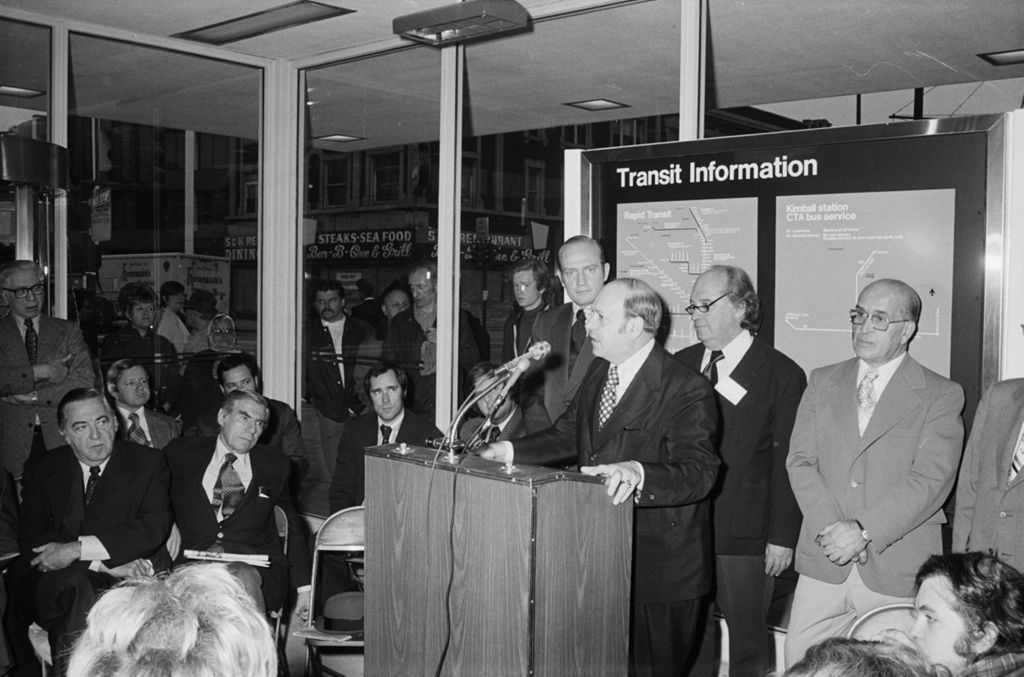 Miniature of Congressman Frank Annunzio speaking at the opening of CTA station at Kedzie Avenue
