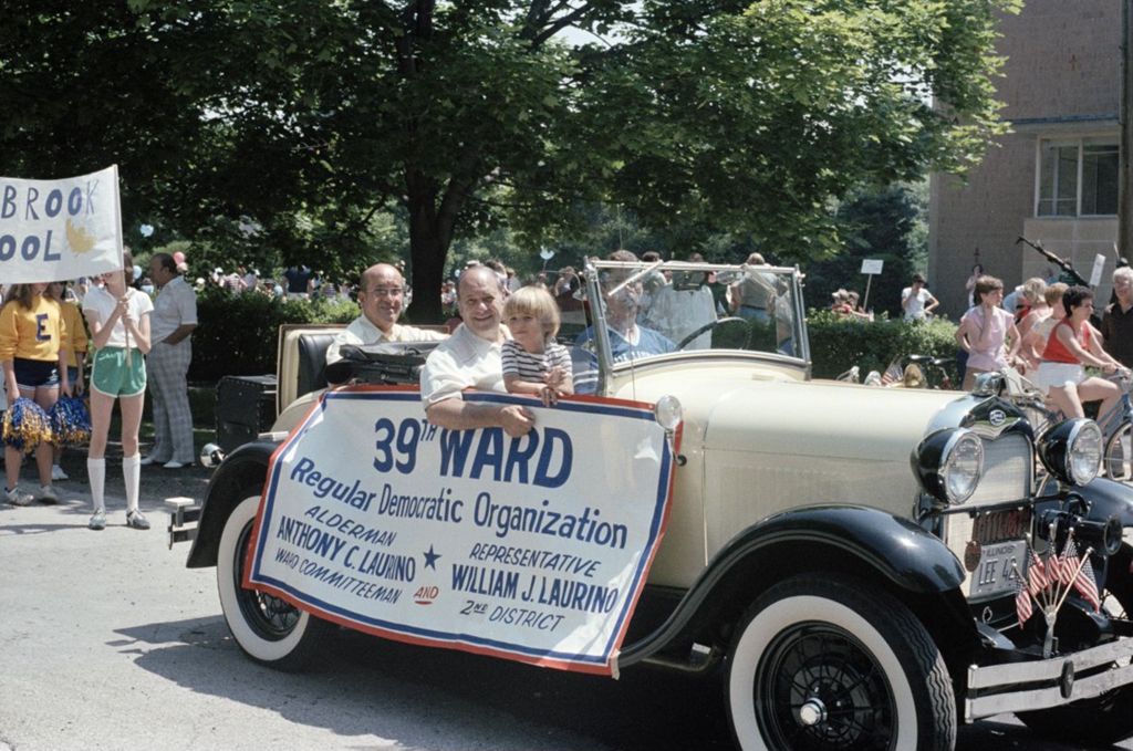 Miniature of Congressman Frank Annunzio, William J. Laurino, and Anthony Laurino in a car on July 4th