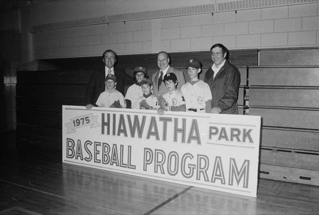 Miniature of Congressman Frank Annunzio posing with members of Hiawatha Park Baseball program