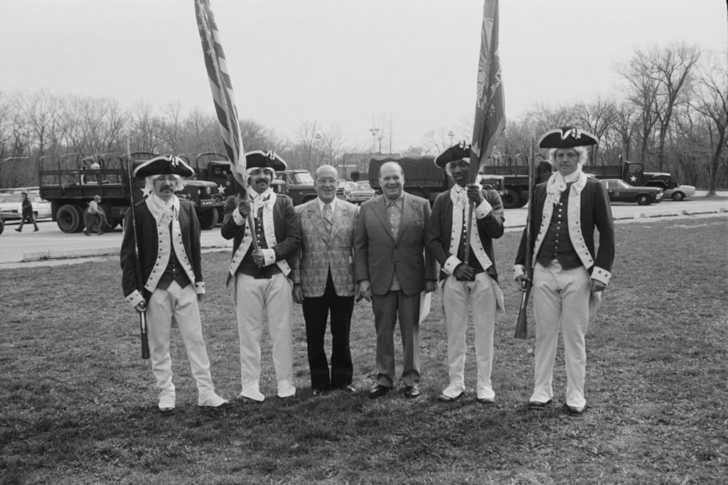 Miniature of Alderman Tony Laurino and Congressman Frank Annunzio with men in historical military costumes