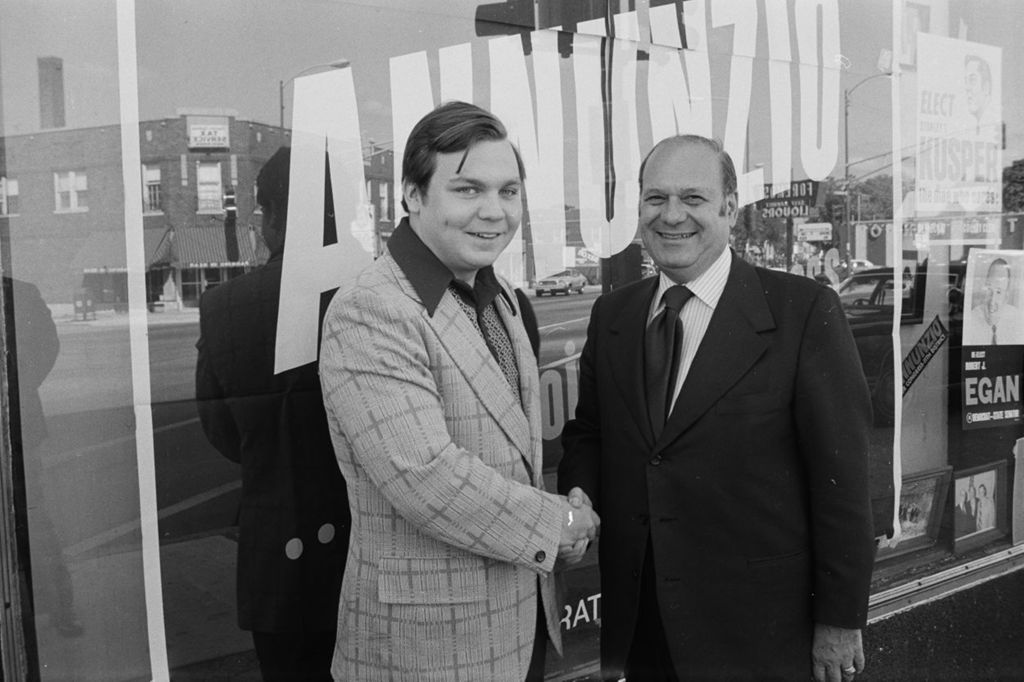 Congressman Frank Annunzio with Mike Howlett in front of Annunzio's campaign office