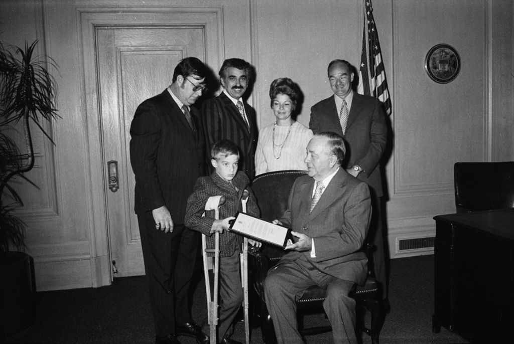 Miniature of Mayor Daley in an office with a Polio Fund survivor