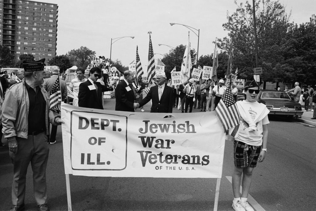 Congressman Frank Annunzio posing with Jewish War Veterans at the Jerusalem Day Parade