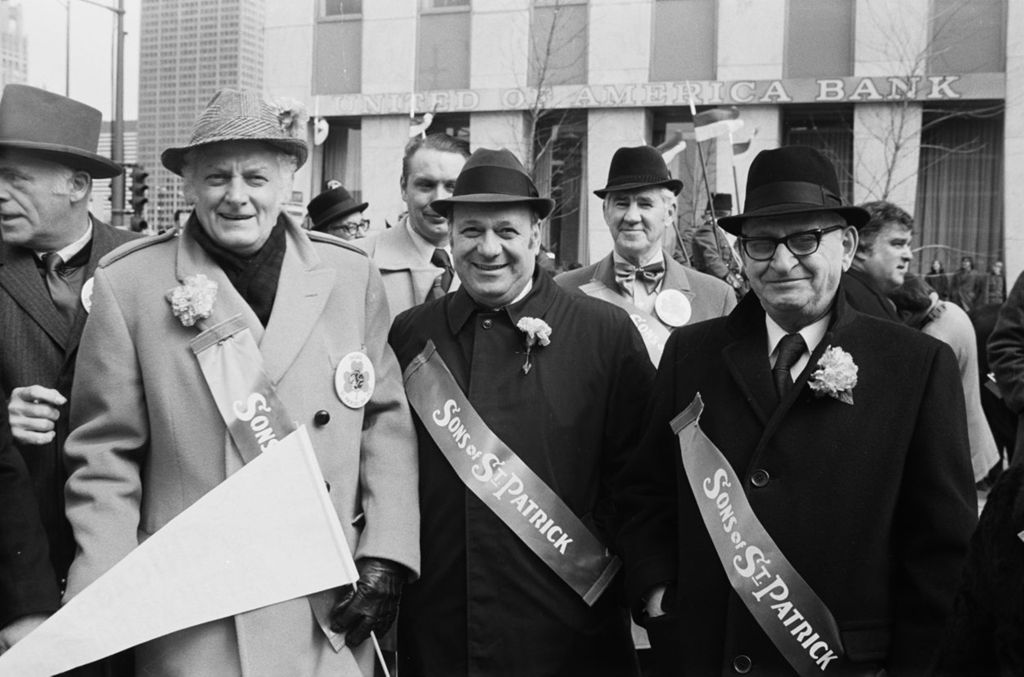 Miniature of Art Carney, Congressman Frank Annunzio and Alderman Vito Marzullo at the St. Patrick's Day Parade