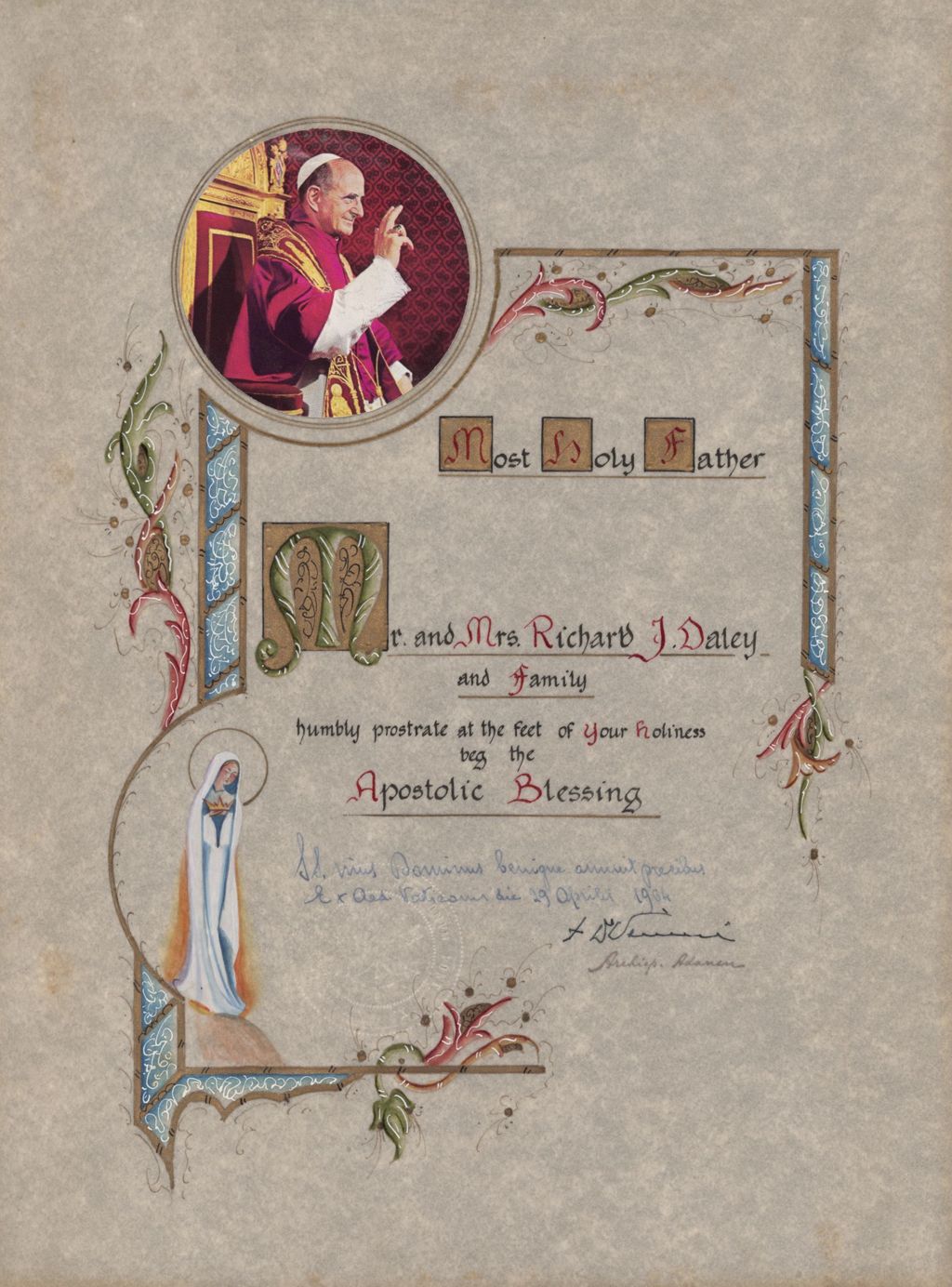 Miniature of Papal blessing parchment from Pope Paul VI for Richard J. Daley and family