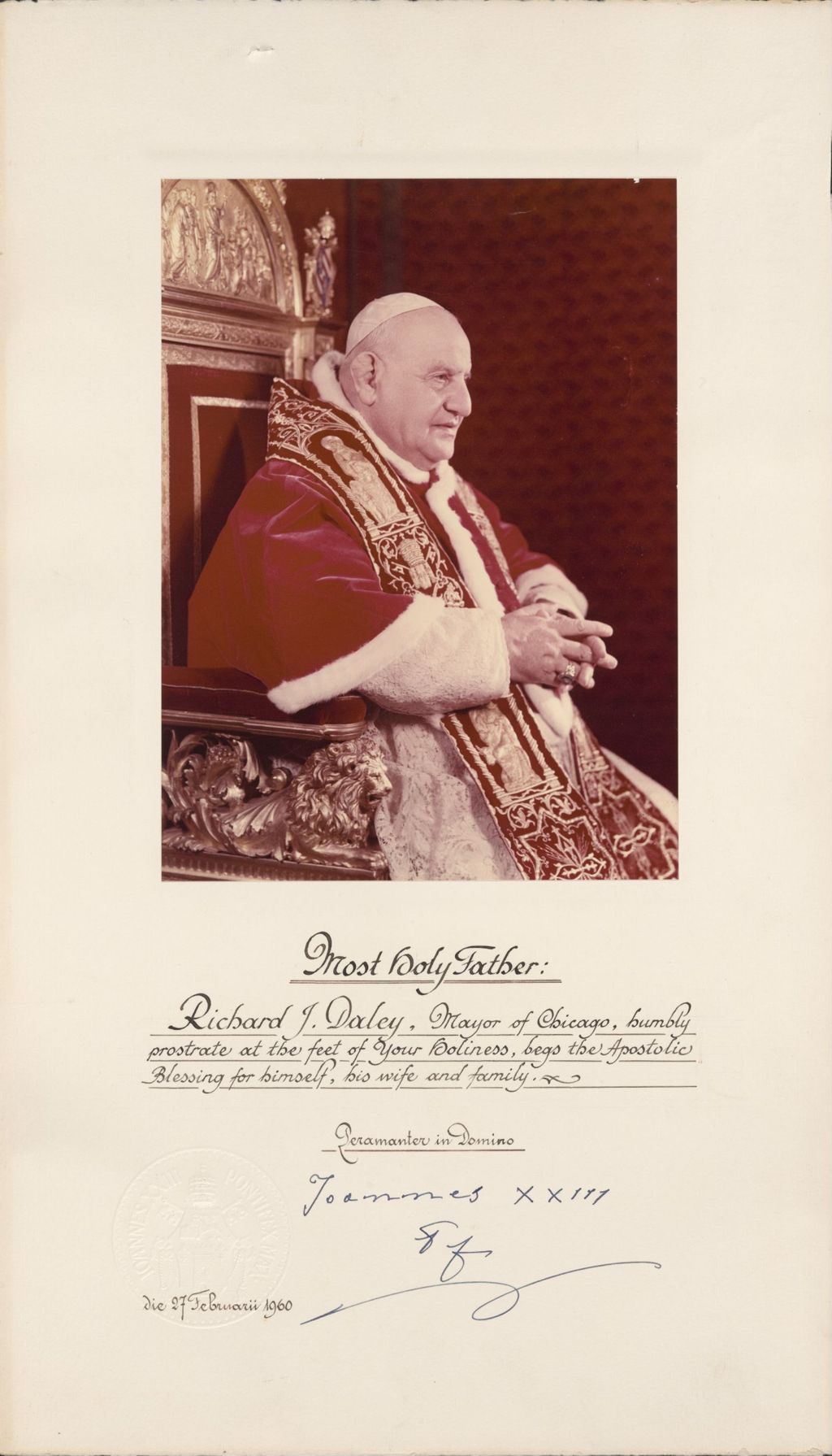 Papal blessing card from Pope John XXII for Richard J. Daley and family