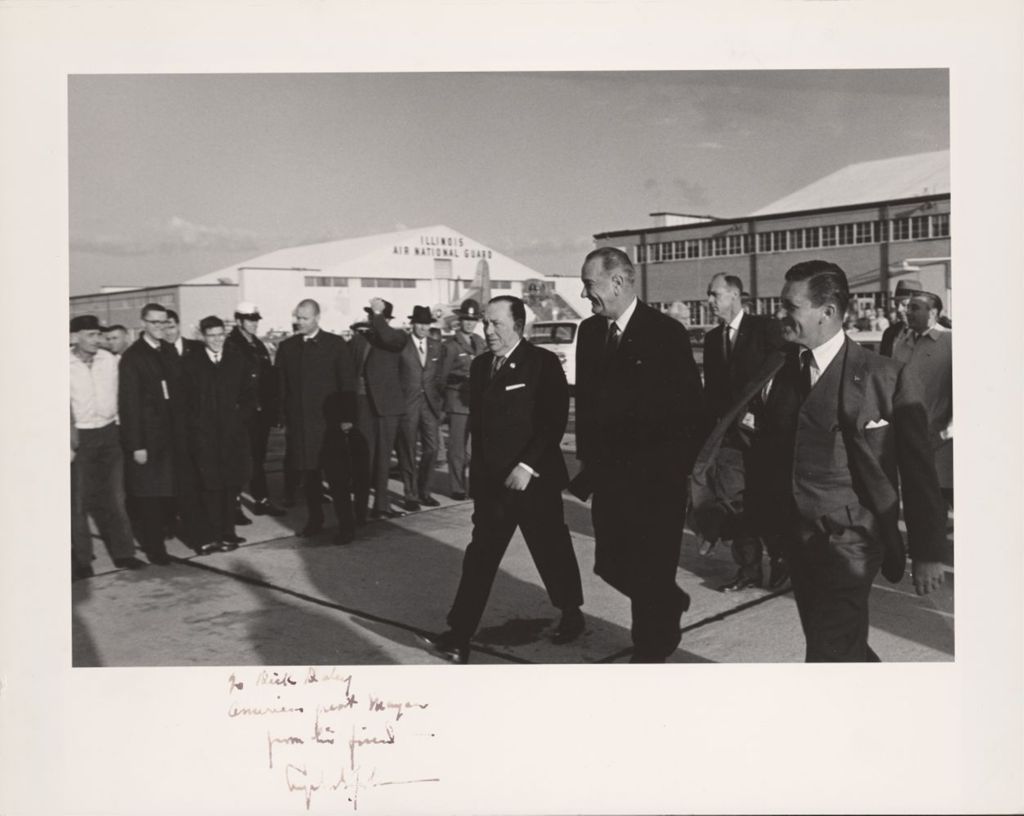 Miniature of Lyndon B. Johnson with Richard J. Daley and Otto Kerner at an airport