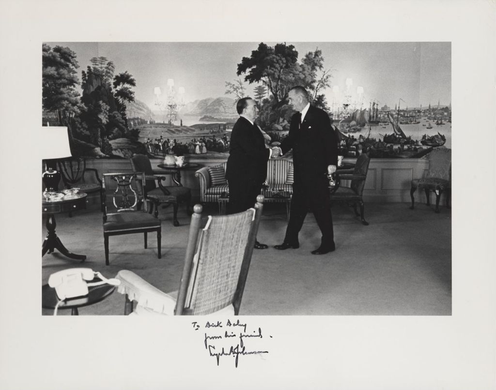 Richard J. Daley and Lyndon B. Johnson shaking hands