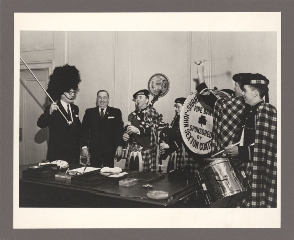 Stephen Bailey and Richard J. Daley with the Shannon Rovers Pipe Band at City Hall