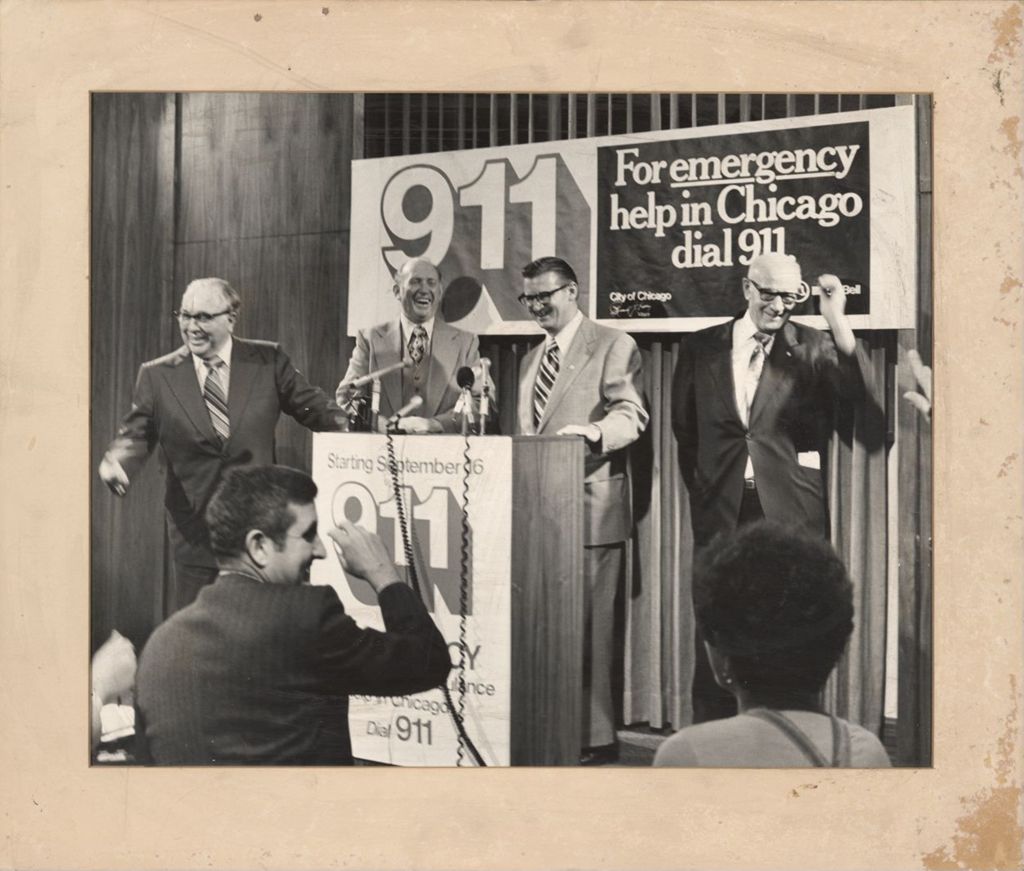 Miniature of Richard J. Daley at press conference for 911 emergency help system
