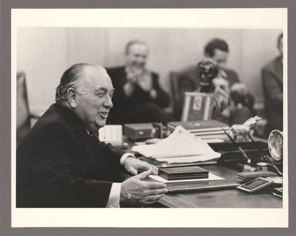 Richard J. Daley at press conference in his City Hall office