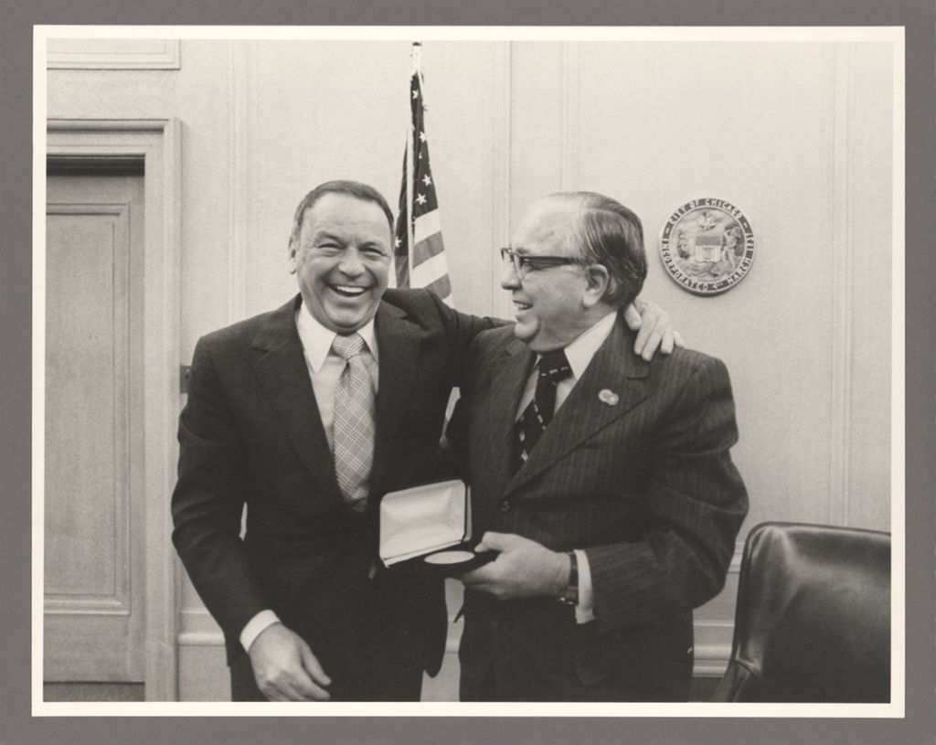 Miniature of Richard J. Daley presents medal to Frank Sinatra