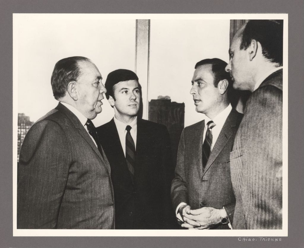Richard J. Daley with Michael Bakalis, Alon Deron (?) and Adlai Stevenson II