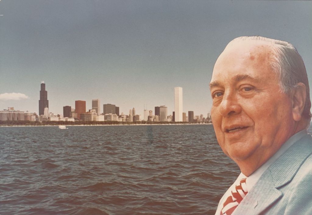 Richard J. Daley with the Chicago skyline