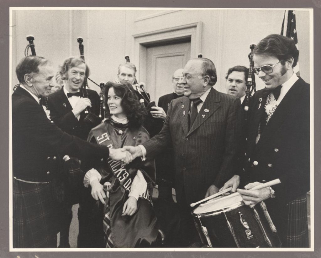 Miniature of Richard J. Daley with Shannon Rovers pipe band and St. Patrick's Day Queen