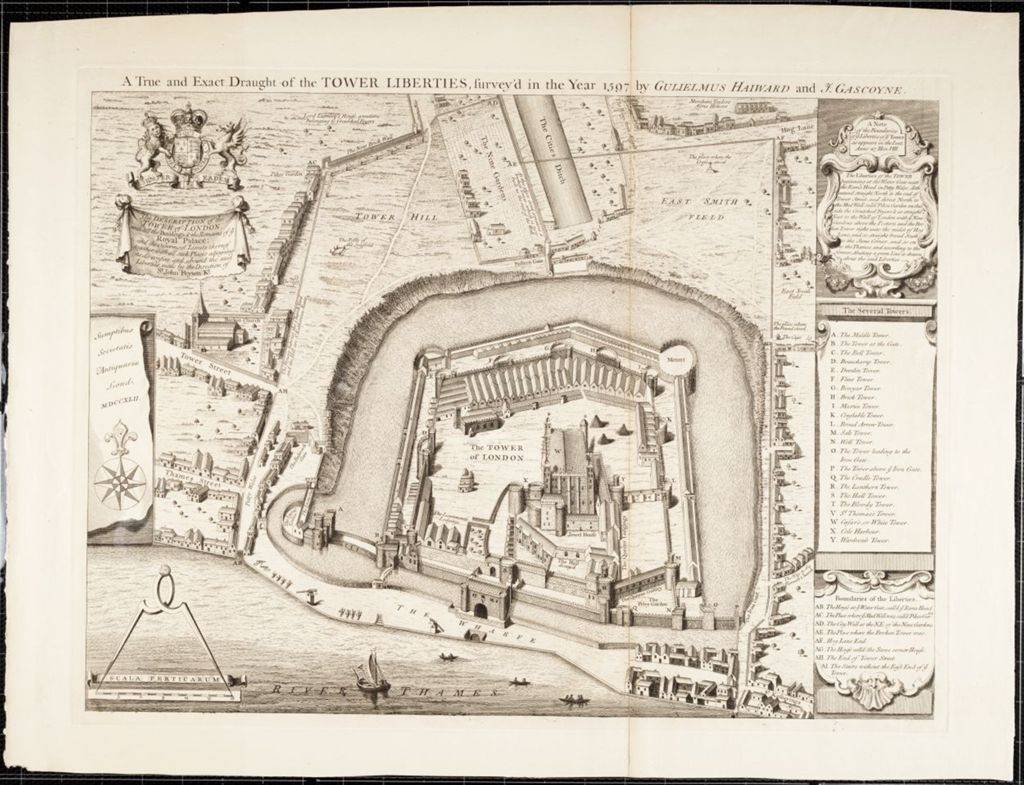 Miniature of The description of the Tower of London, with all the buildings & the remains of ye royal palace; and the outermost limits thereof together with all such places adjoyning as do confine and abound the said liberties / John Peyton (1742?)