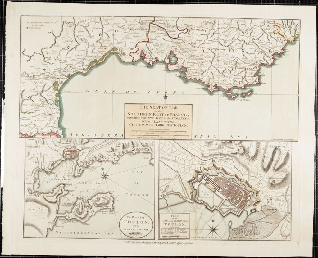 Miniature of The seat of war in the southern part of France, extending from the Alps, to the Pyrenees; with plans of the city, roads and harbour of Toulon / Robt. Sayer & Co. (1793)