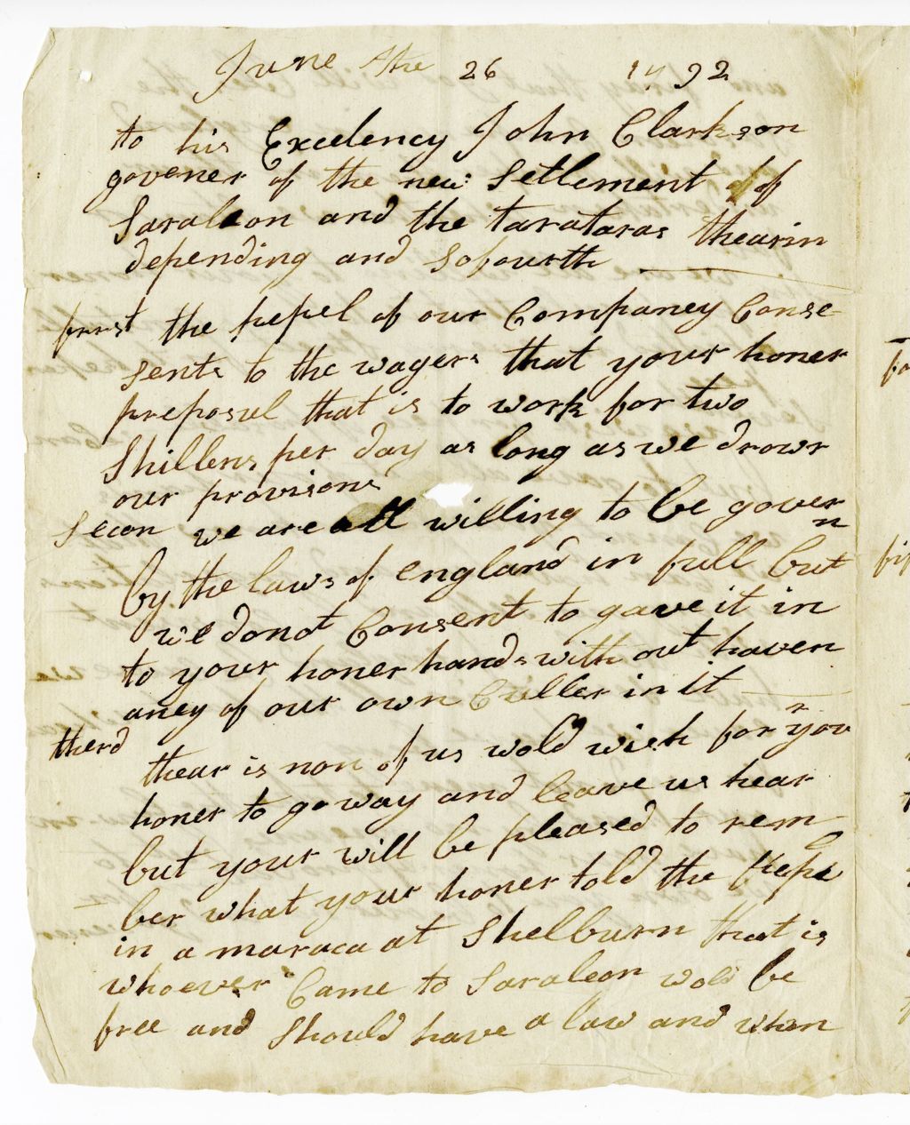 Miniature of Letter to John Clarkson, June 26, 1792