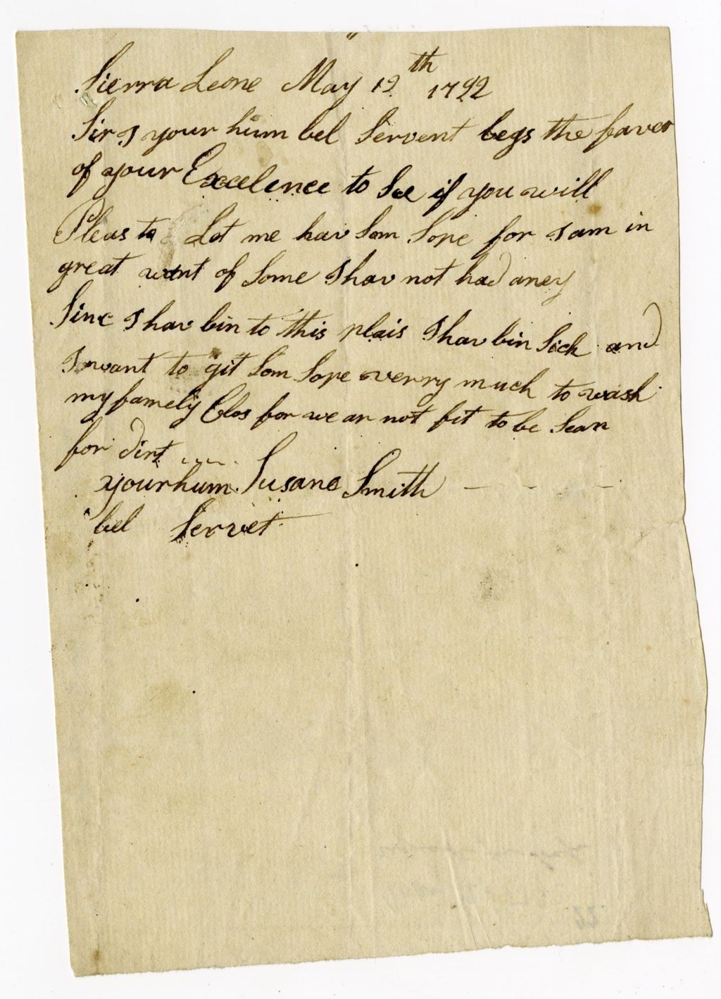 Miniature of Letter from Susane Smith (?) to the Governor