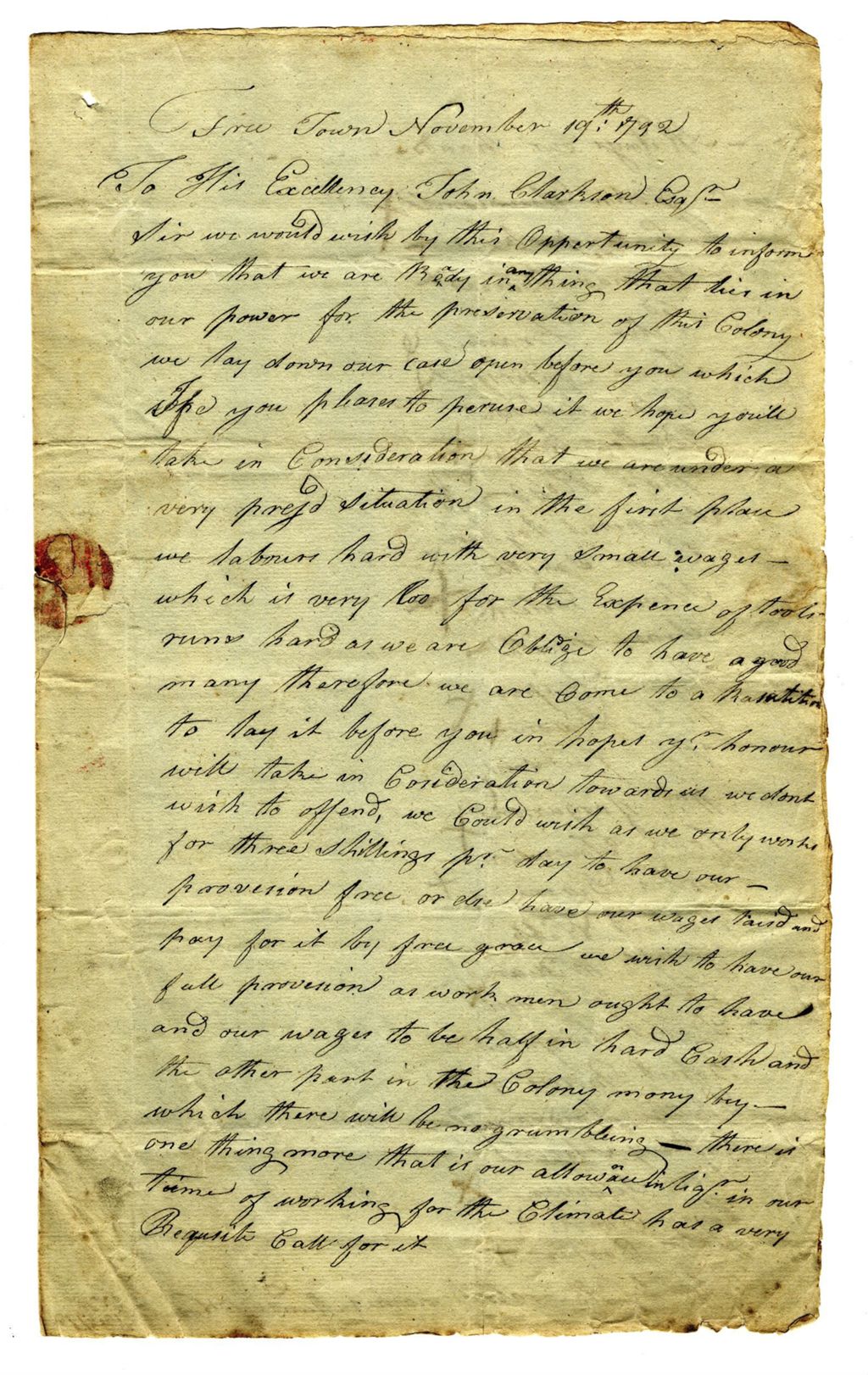 Letter from 28 settlers to John Clarkson