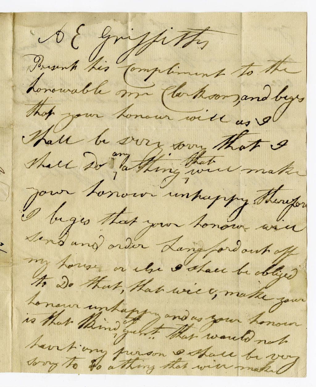 Letter from A. E. Griffiths to John Clarkson