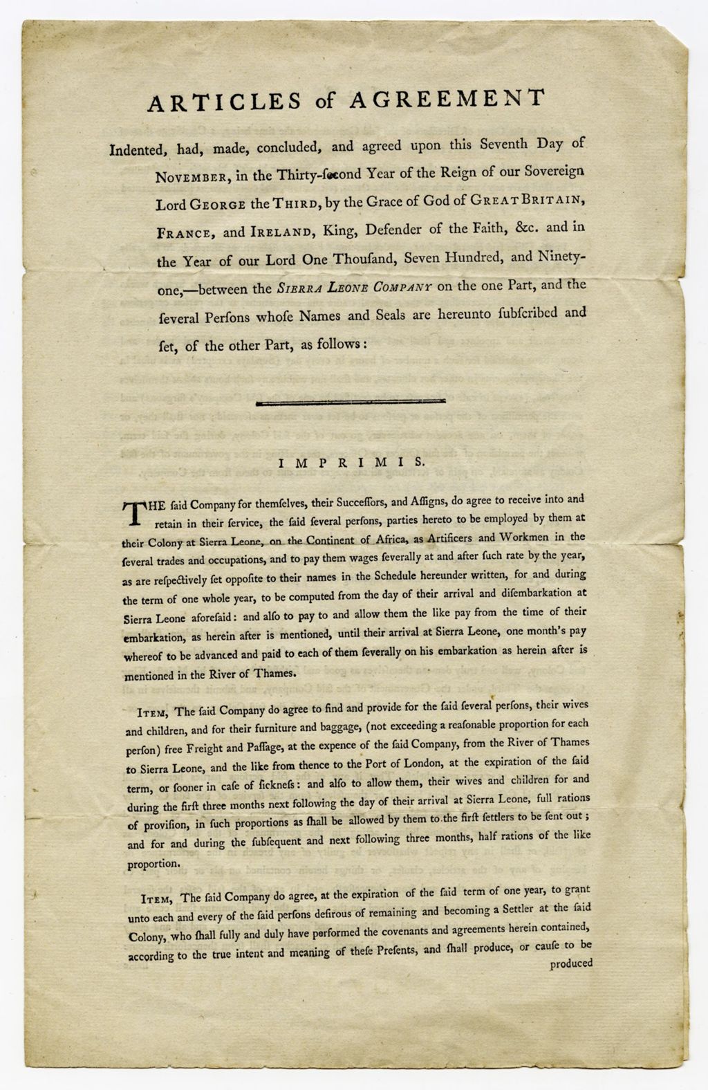 Miniature of Copy of articles of agreement between the Sierra Leone Company and their artificers