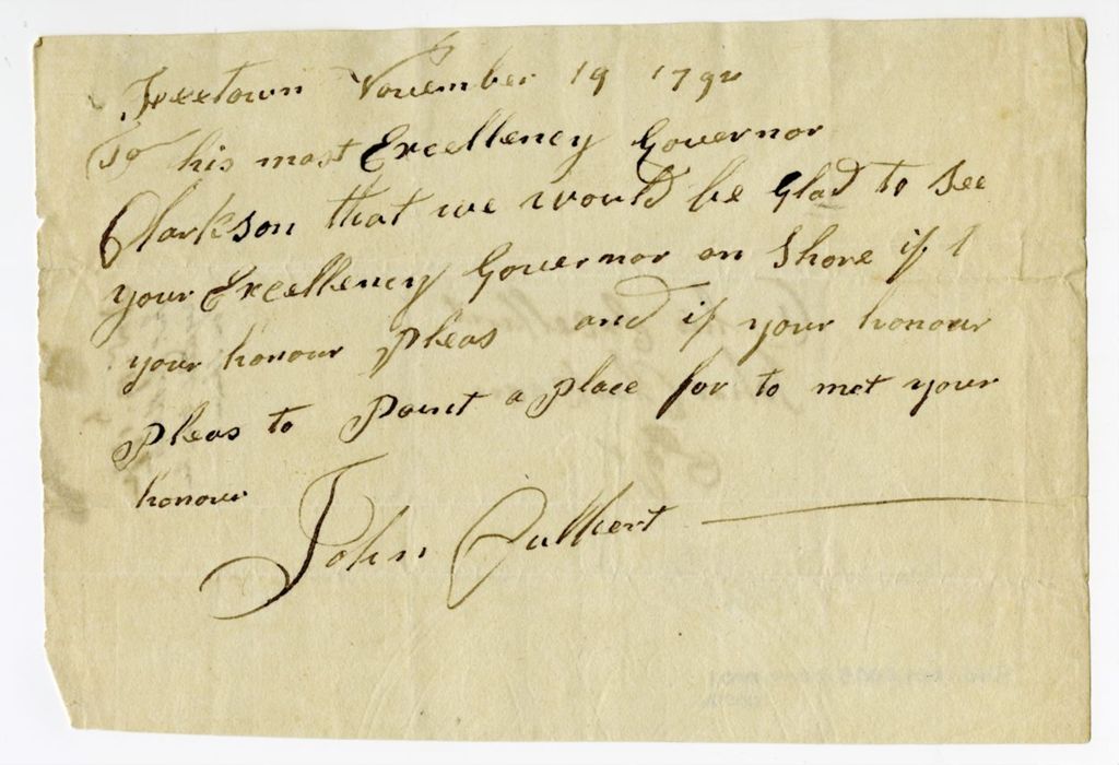 Letter from John Cuthbert (?) to John Clarkson