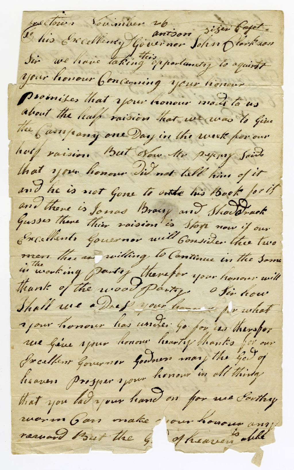 Miniature of Letter from Antson G... (?) to John Clarkson