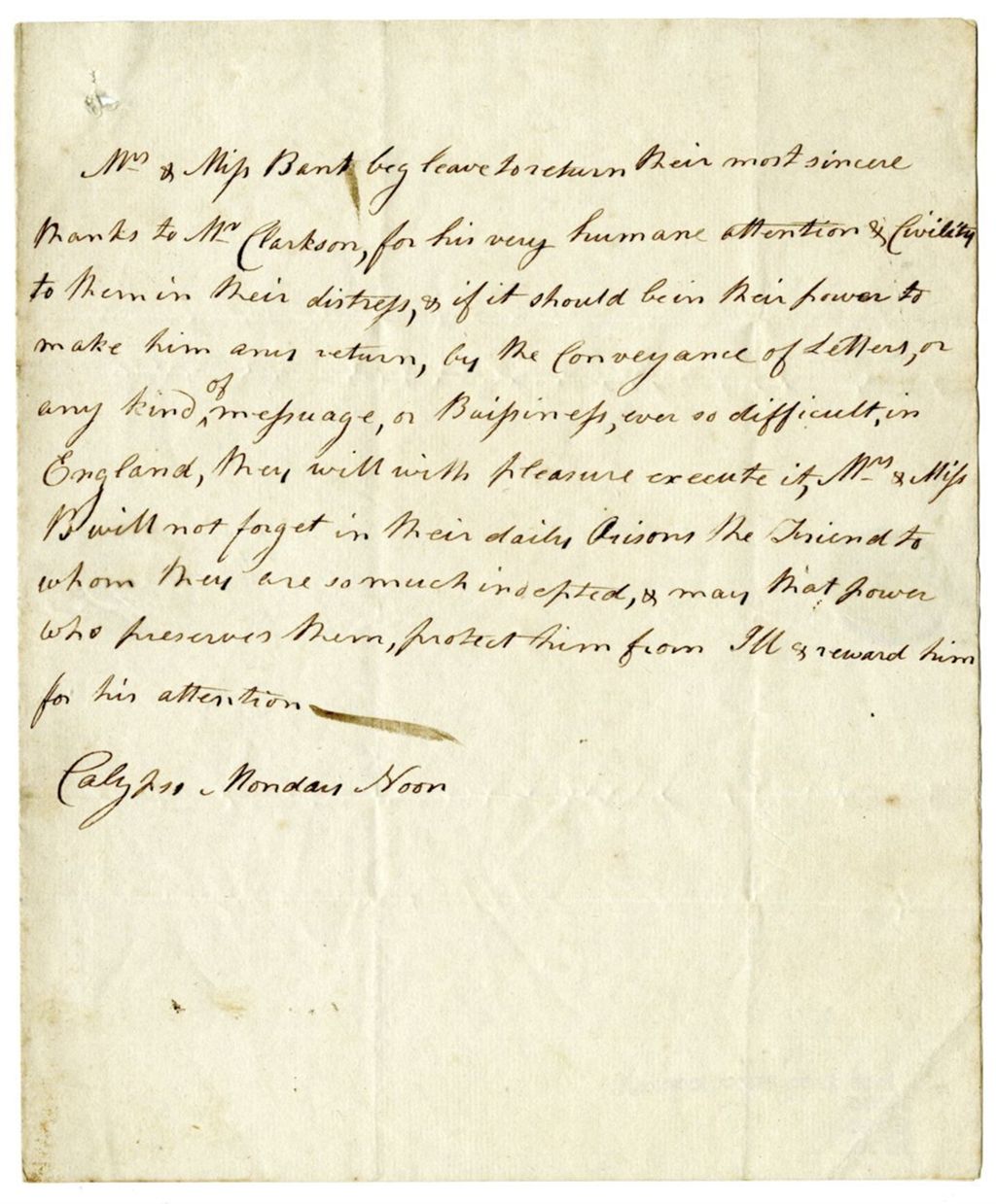 Letter from Calypso Monday Noon (?) to John Clarkson