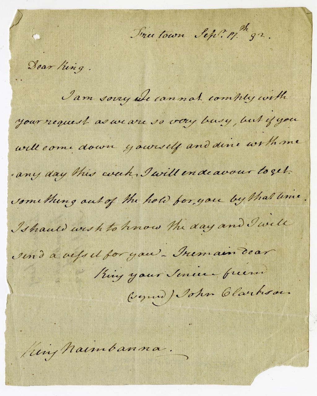 Letter from John Clarkson to King Naimbanna