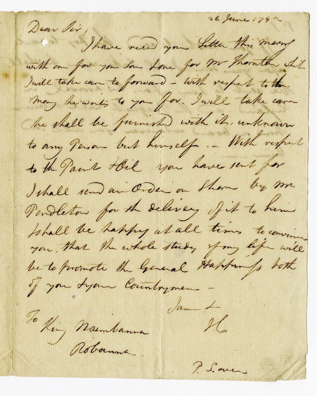 Letter from JC (John Clarkson?) to King Naimbanna