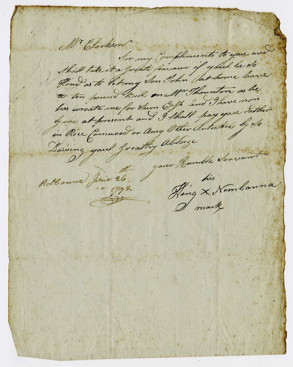 Letter from King Naimbanna to John Clarkson, June 26, 1792