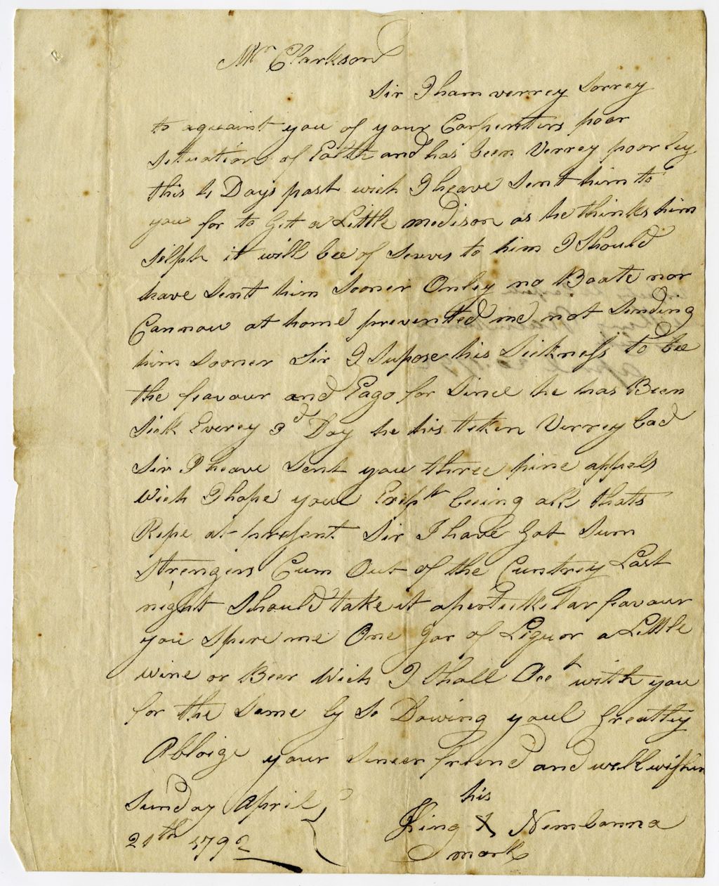 Letter from King Naimbanna to John Clarkson, April 20, 1792