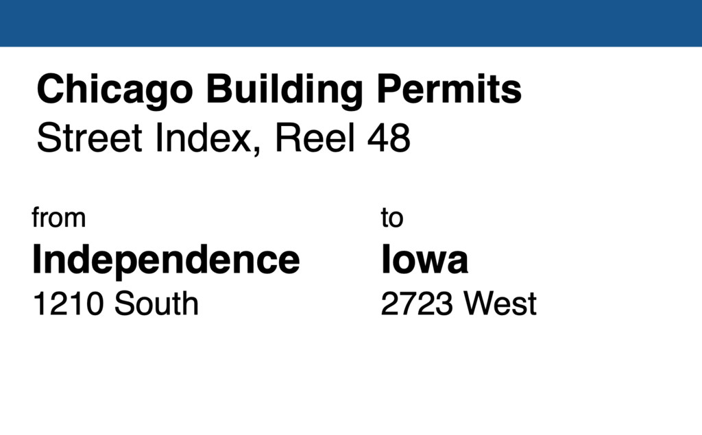 Miniature of Chicago Building Permit collection street index, reel 48: Independence Blvd. 1210 to Iowa Street 2723 West