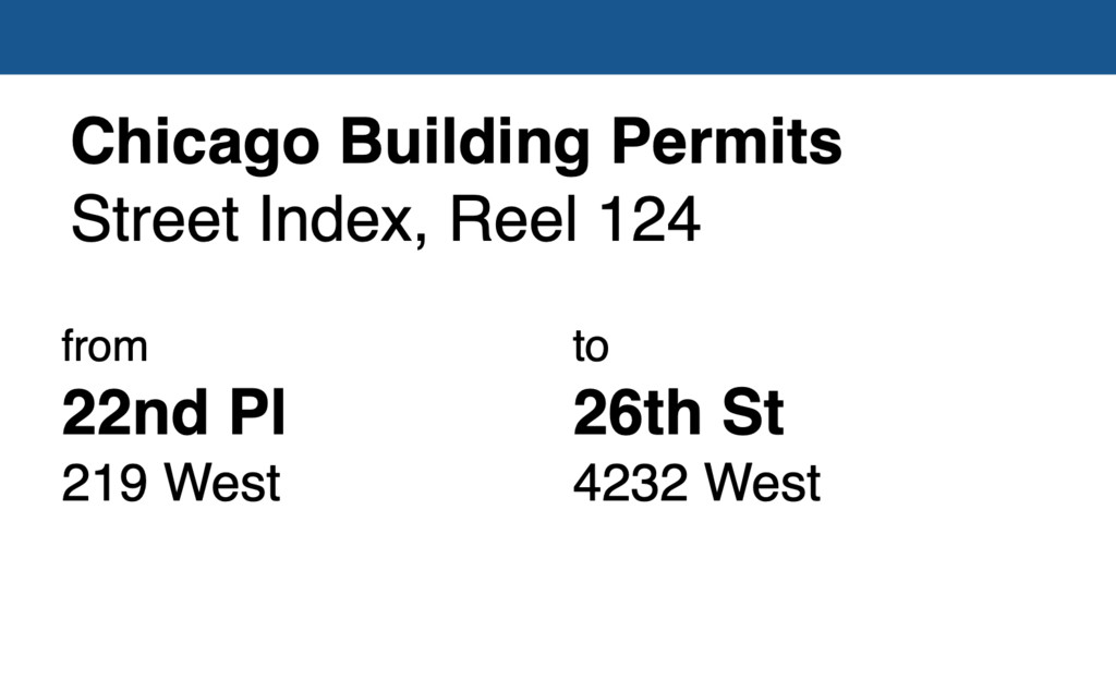 Miniature of Chicago Building Permit collection street index, reel 124: 22nd Place 219 West to 26th Street 4232 West