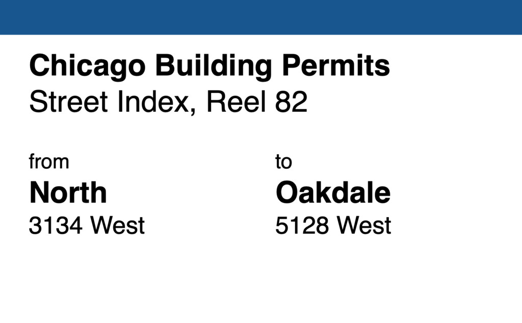 Miniature of Chicago Building Permit collection street index, reel 82: North Avenue 3134 West to Oakdale Avenue 5218 West