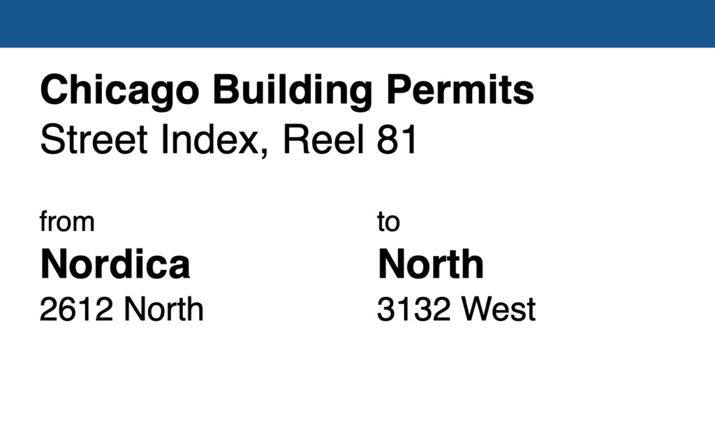 Miniature of Chicago Building Permit collection street index, reel 81: Nordica Avenue 2612 North to North Avenue 3132 West