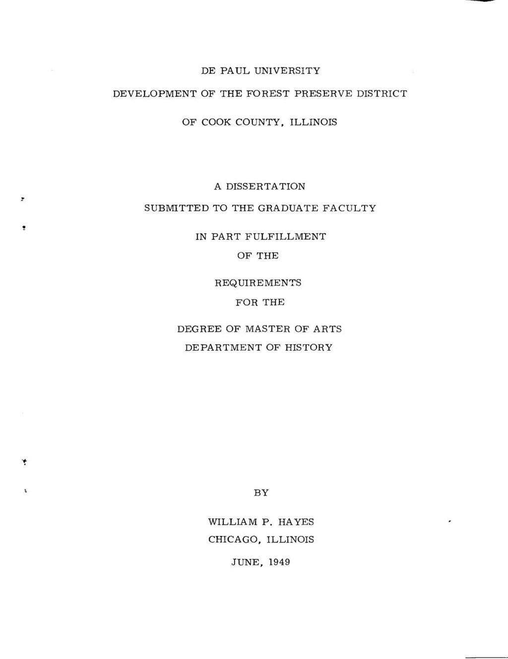 Dissertation about Forest Preserves by William P. Hayes, 1949