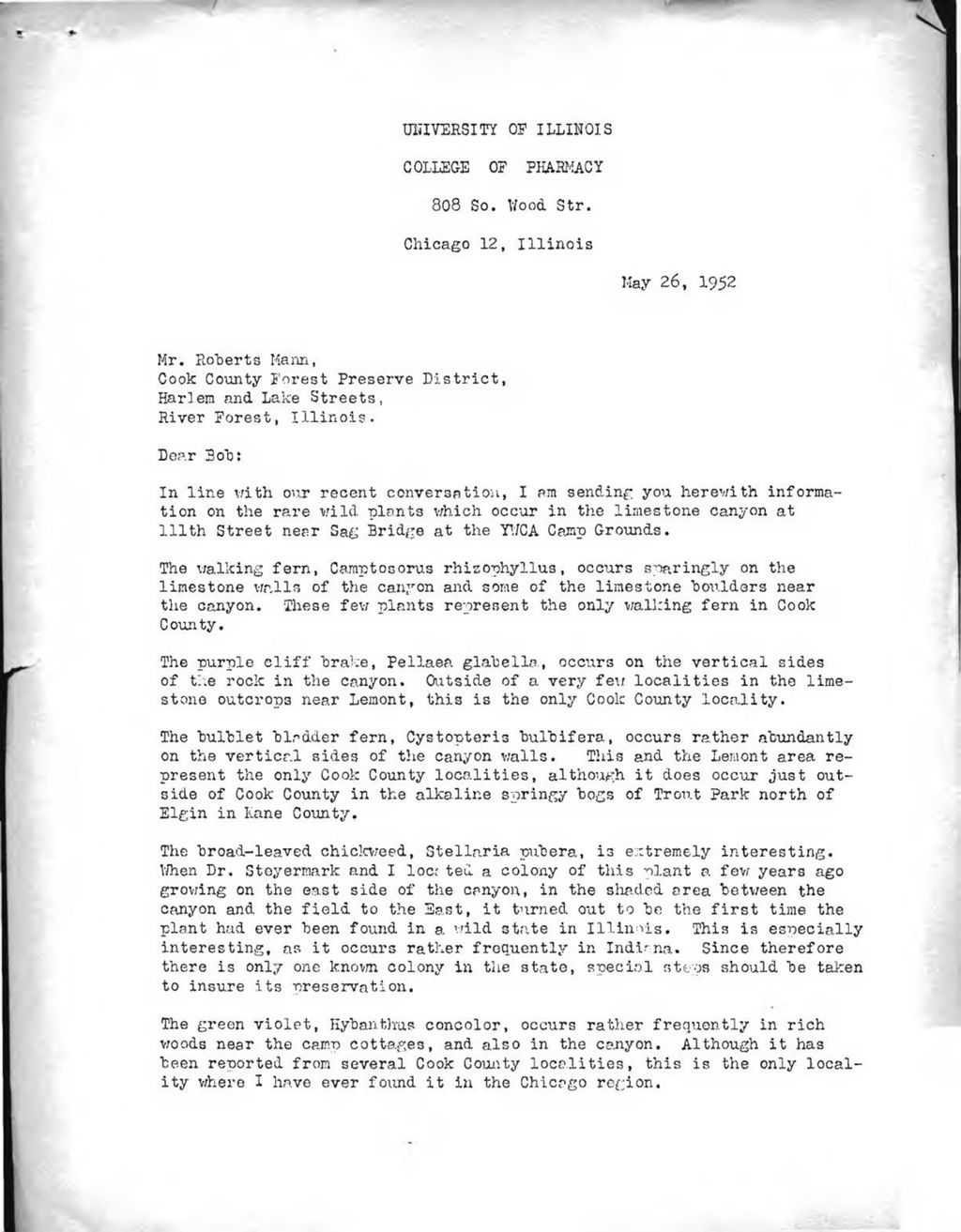 Letter from Floyd A. Swink, University of Illinois, to Roberts Mann, 1952