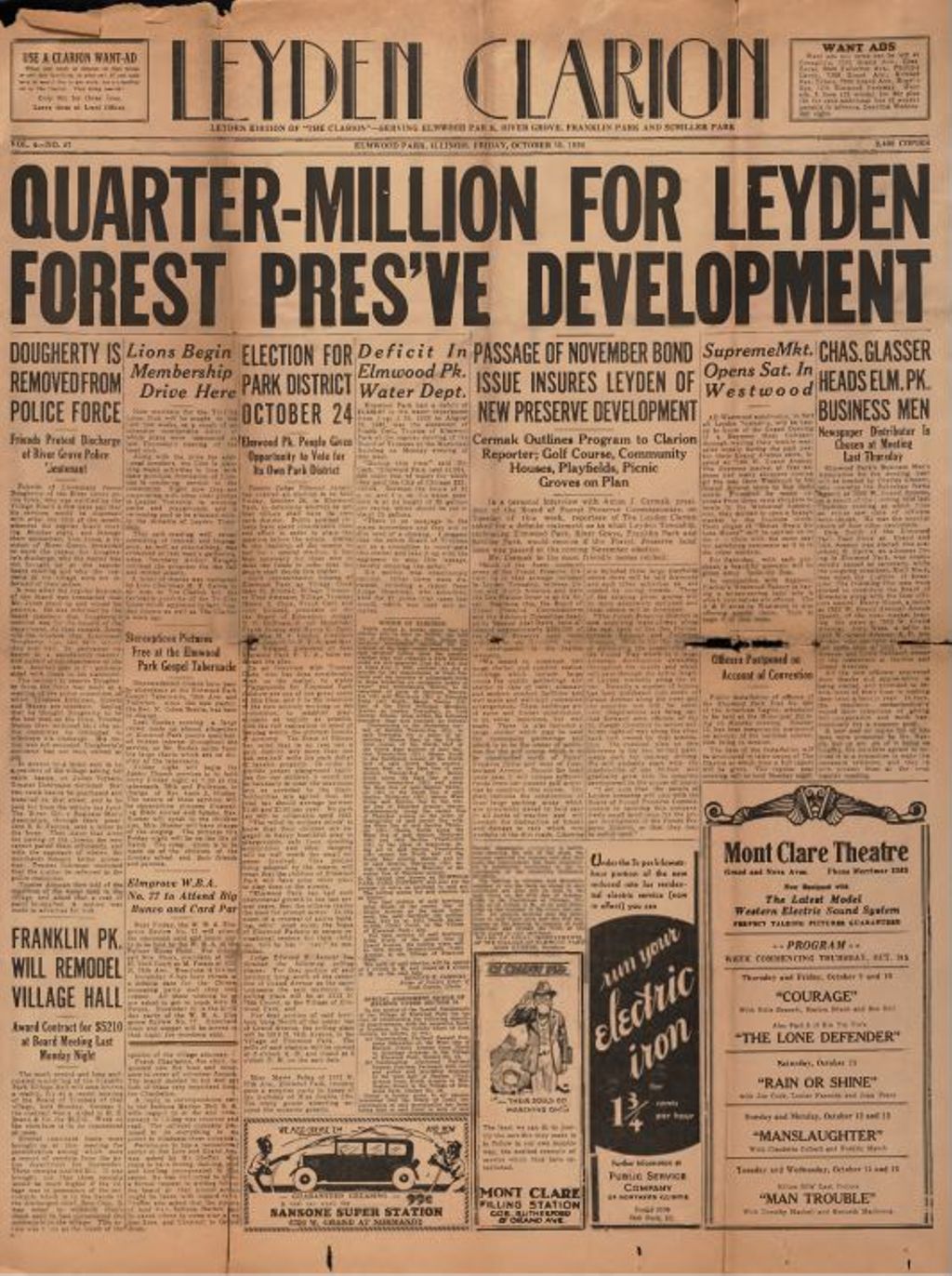 Leyden Clarion, Bond Issue for Leyden Forest Preserve, 1930