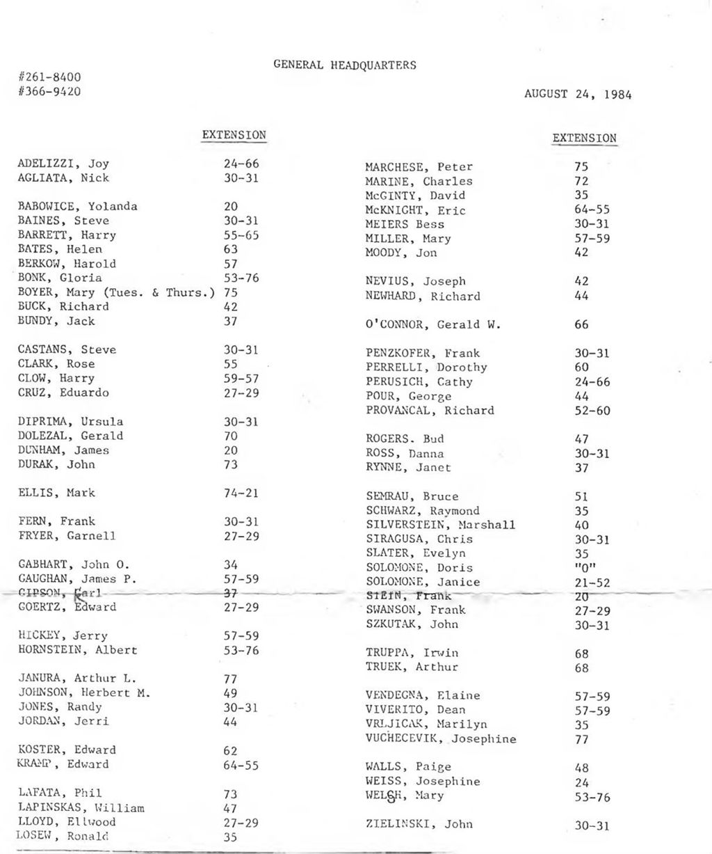 List of employees, phone numbers, and extensions at General Headquarters, Forest Preserve District of Cook County, 1984
