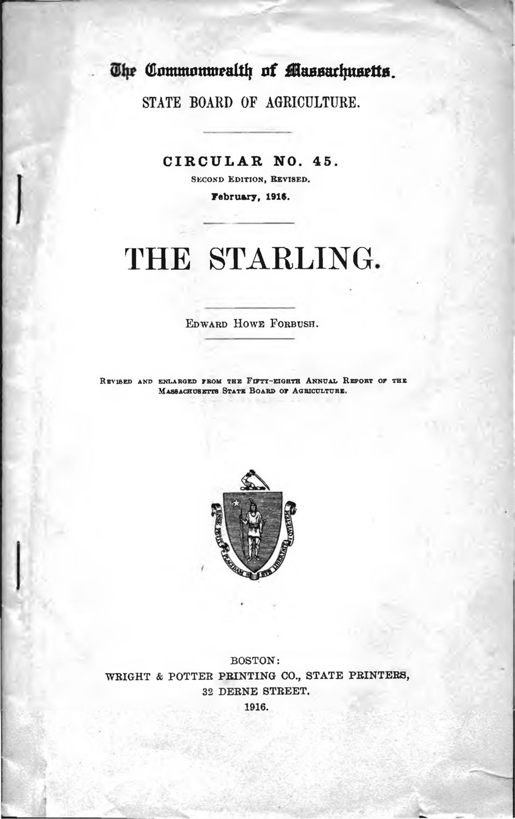 Massachusetts State Board of Agriculture Circular no. 45. The Starling, 1916