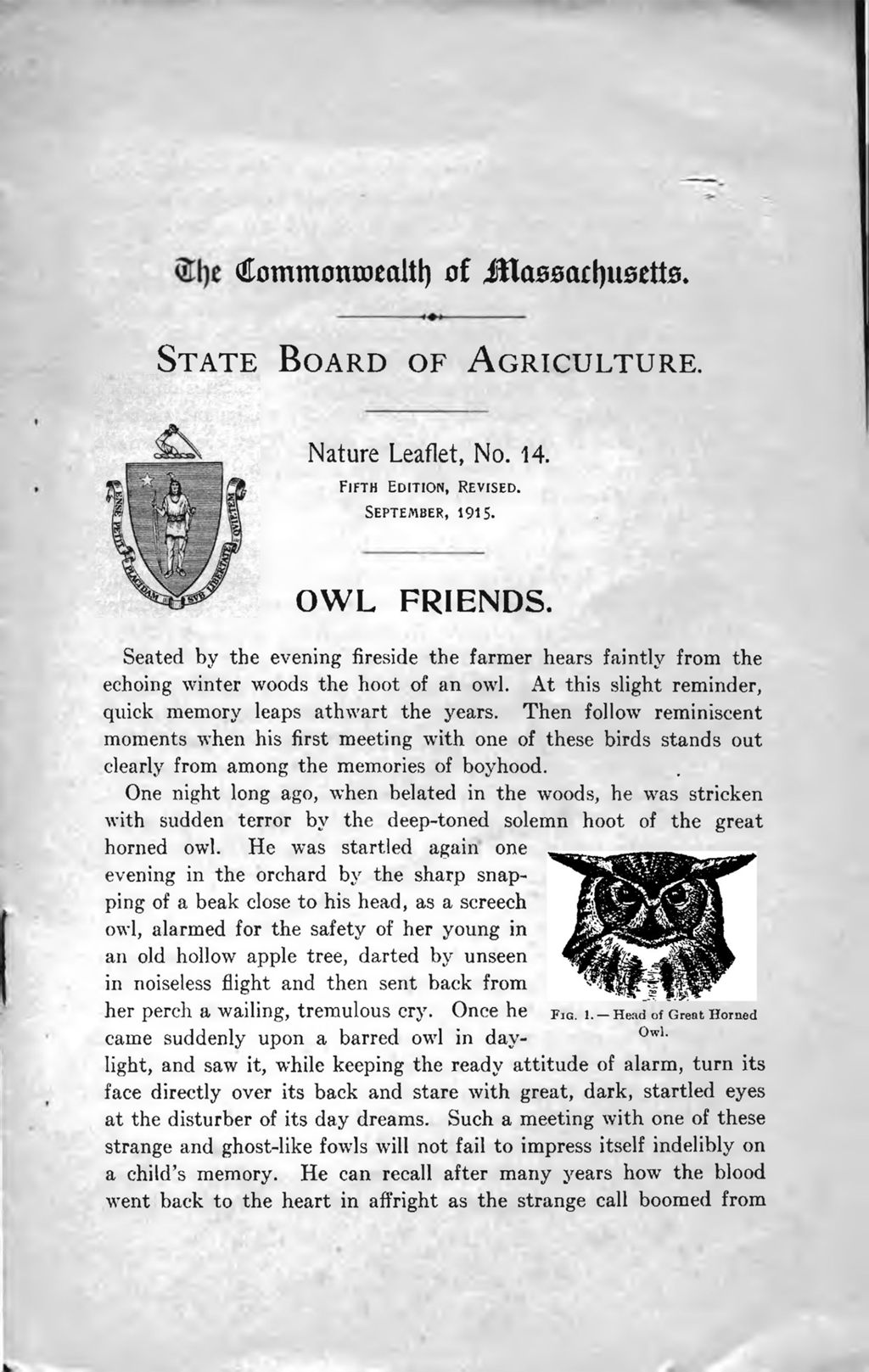 Miniature of Massachusetts State Board of Agriculture, Nature Leaflet, no. 14, Owl Friends, 1915