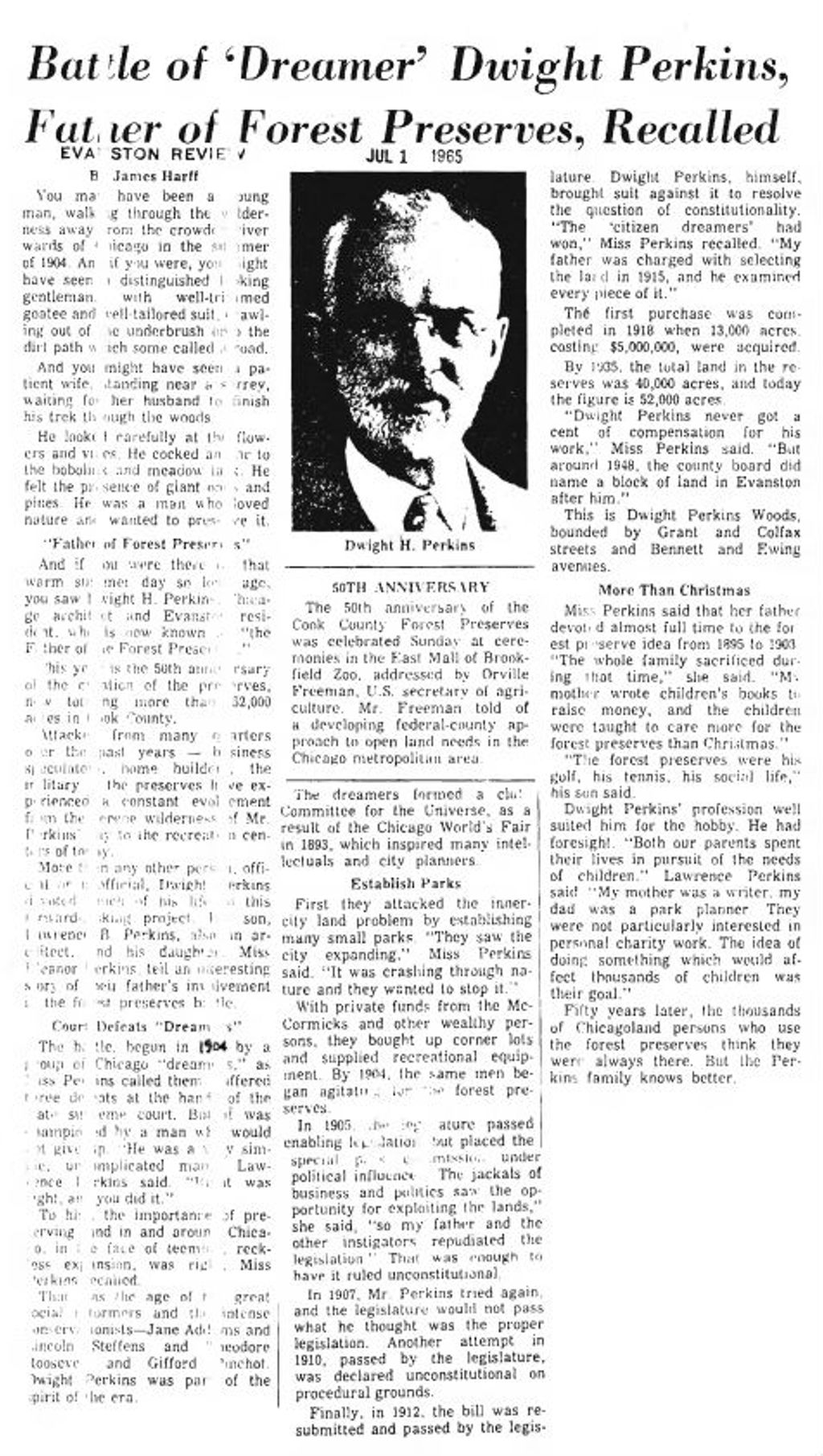 Article on Dwight Perkins, Evanston Review, 1965