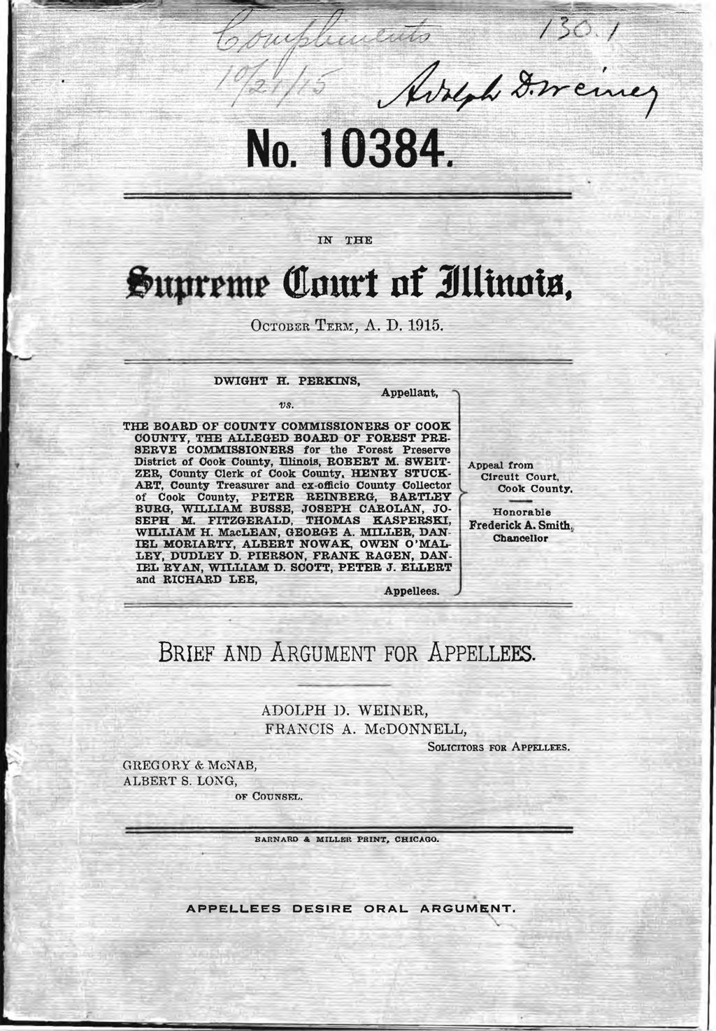 Miniature of Brief and Argument for Appellees, Perkins v. Board of County Commissioners, 1915.