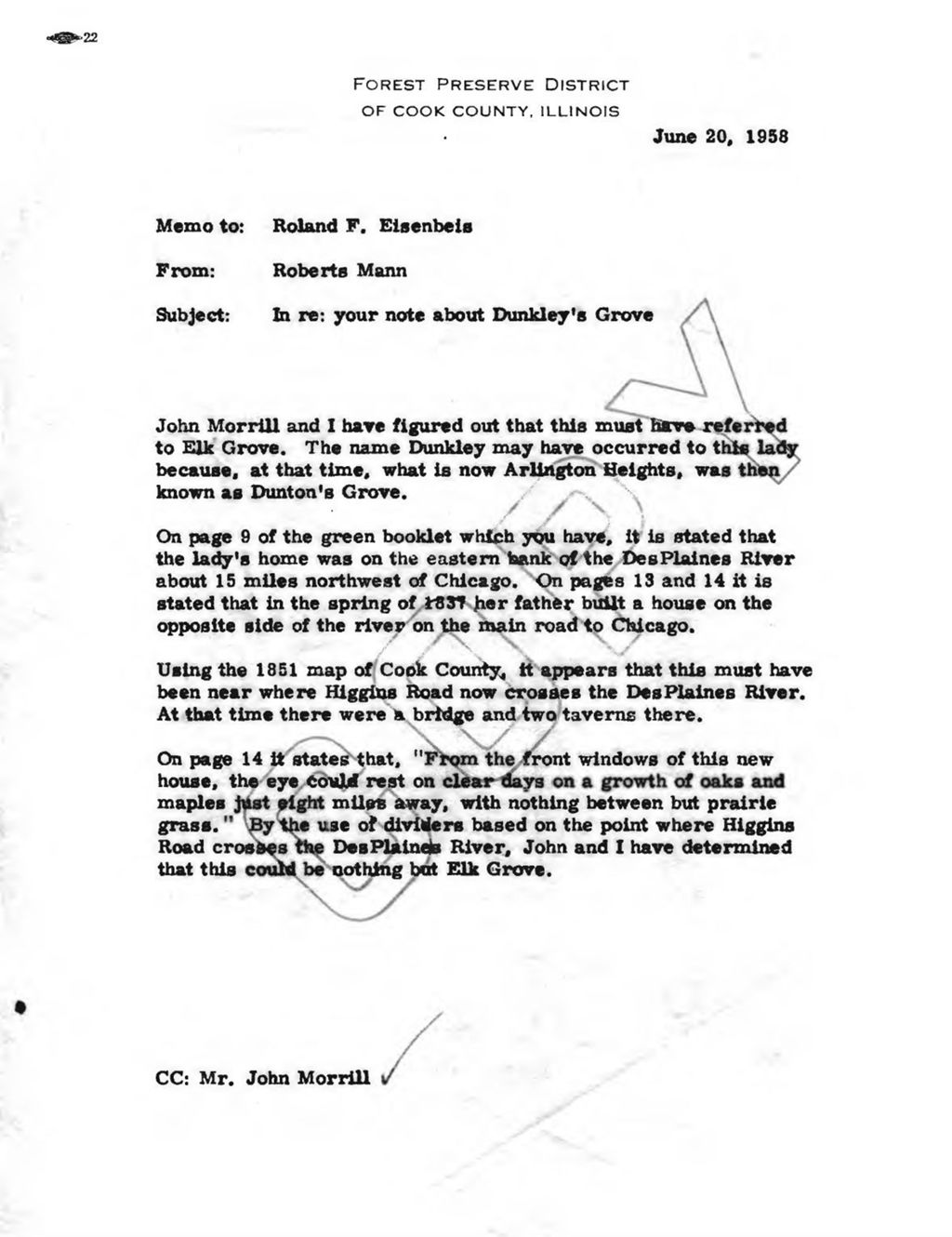 Correspondence regarding Dunkley's Grove and Robinson Family Cemetery, 1958