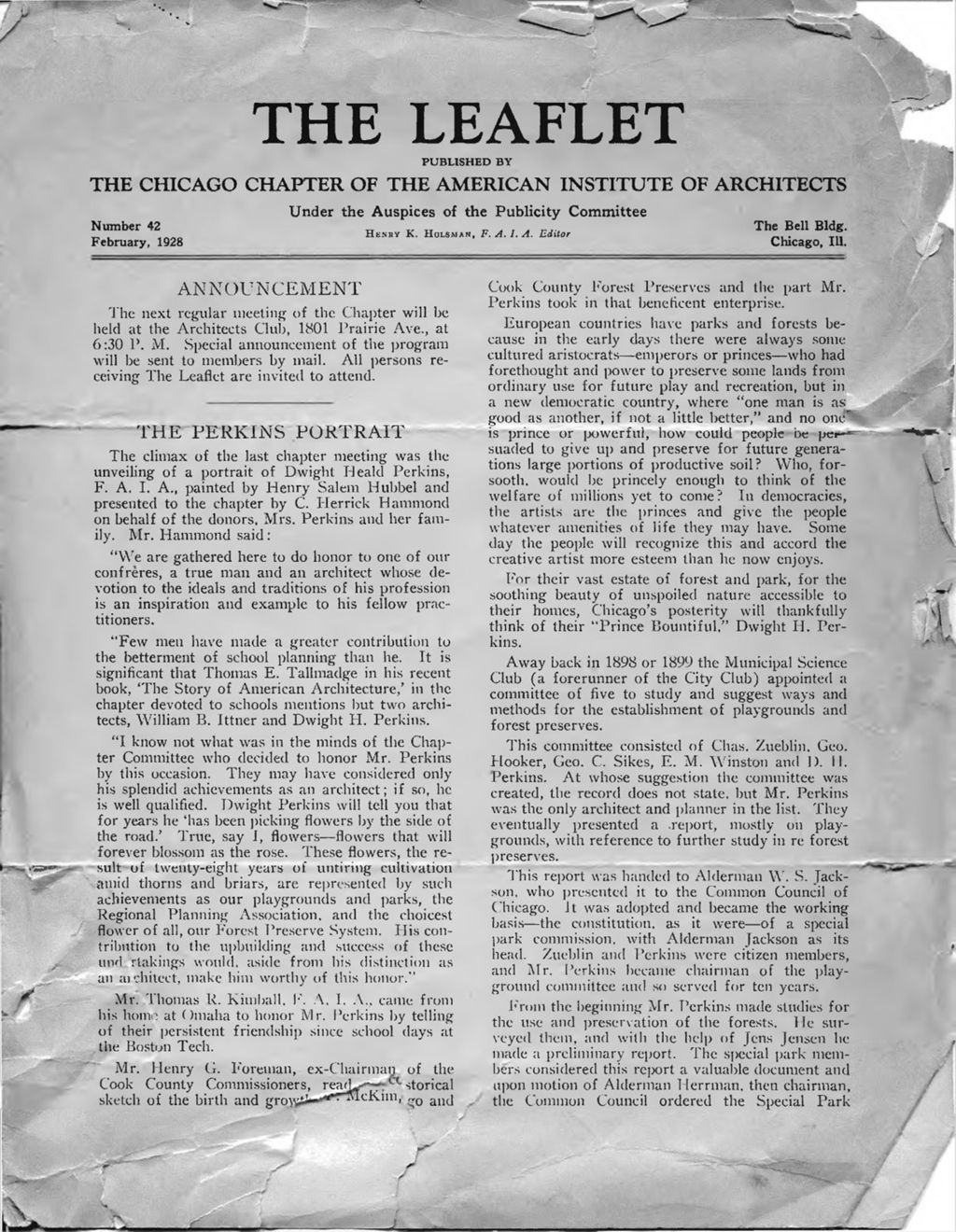 Miniature of The Leaflet, newsletter for the Chicago Chapter of the American Institute of Architects, 1928