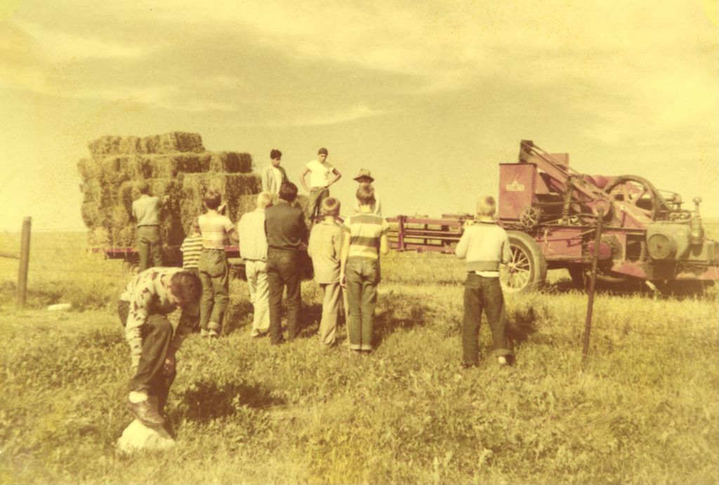 Miniature of Children watching a hay baler, Pleasant Valley Farm