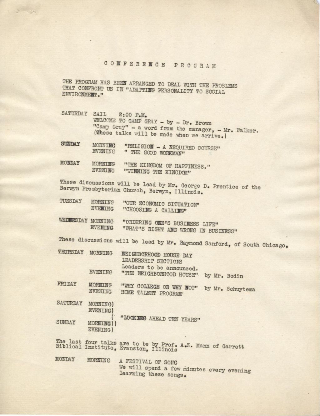 Miniature of Conference program of lectures at Camp Gray, p. 1