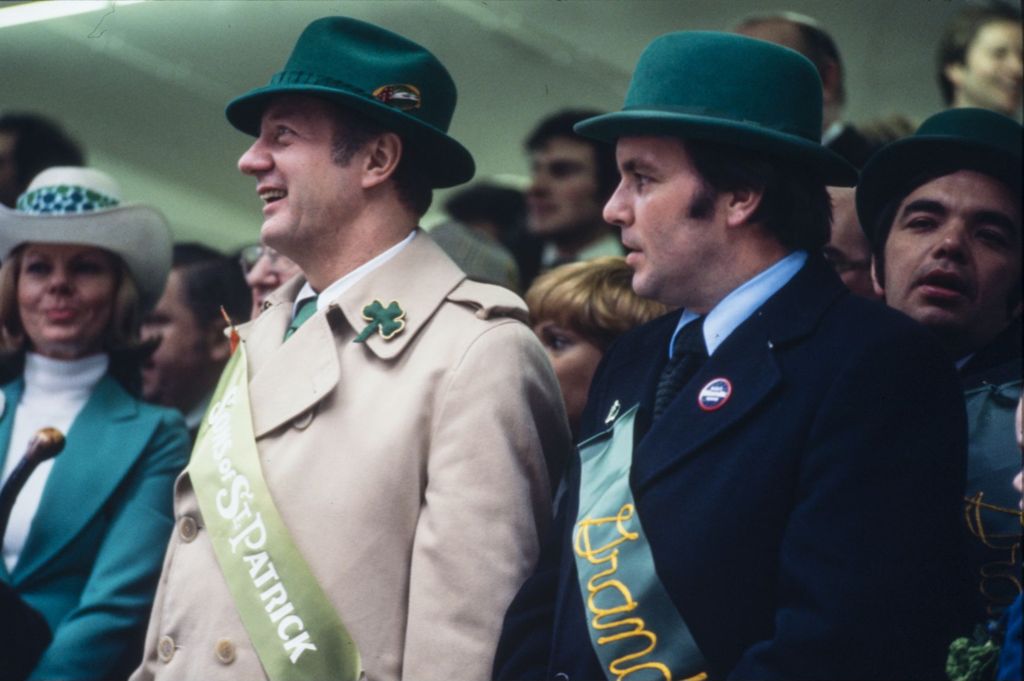 St. Patrick's Day Parade reviewing stand, Michael Bilandic and Richard M. Daley